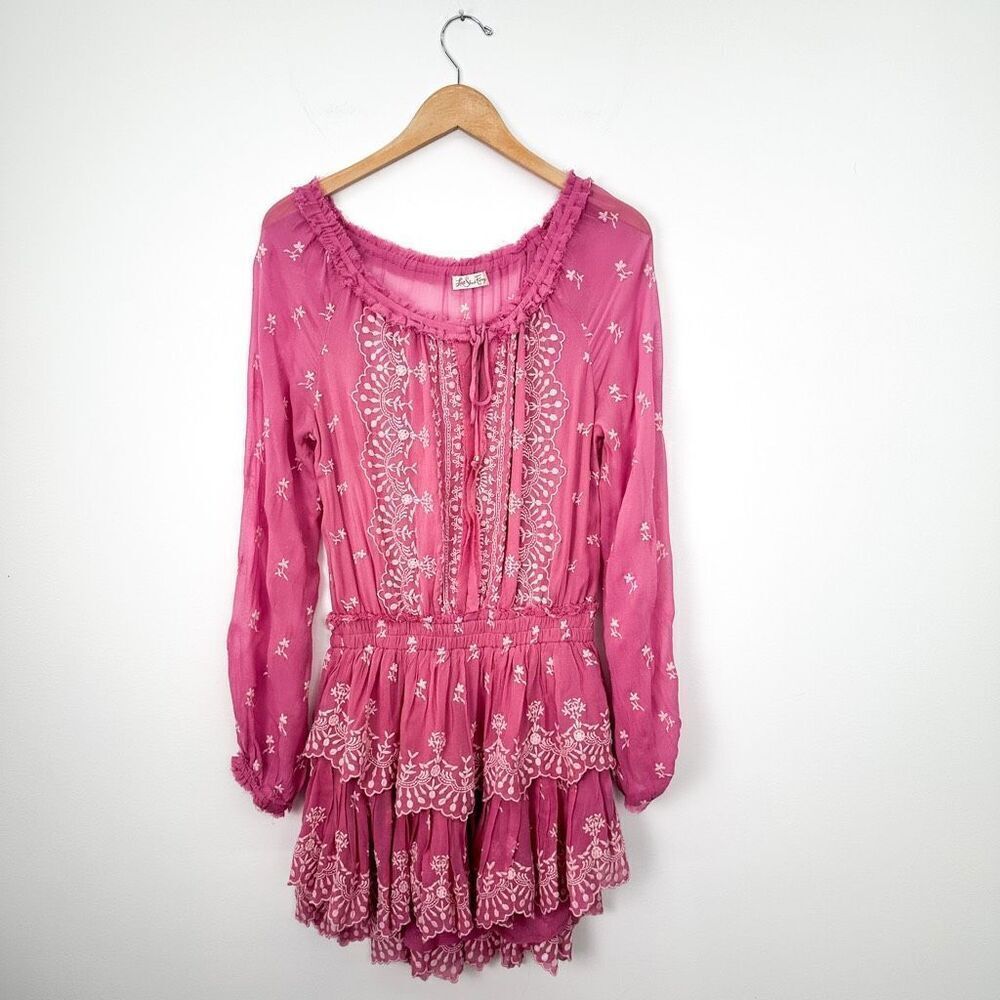 LoveShackFancy Women’s Tea Rose Pink Semi Sheer Embroidered Long Sleeve Mini Dre